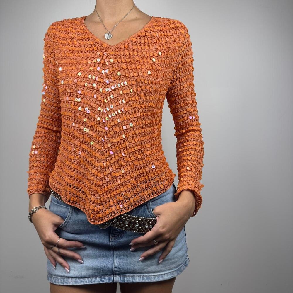 Colette Mordo Y2K Orange Sequin Crochet Asymmetrical Long Sleeve Top